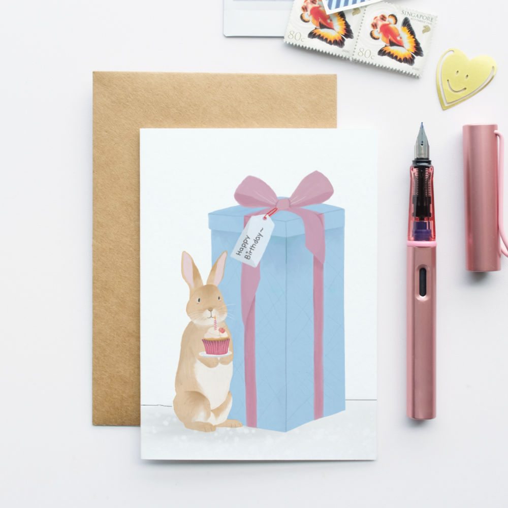 Rabbit & Present Birthday Card
