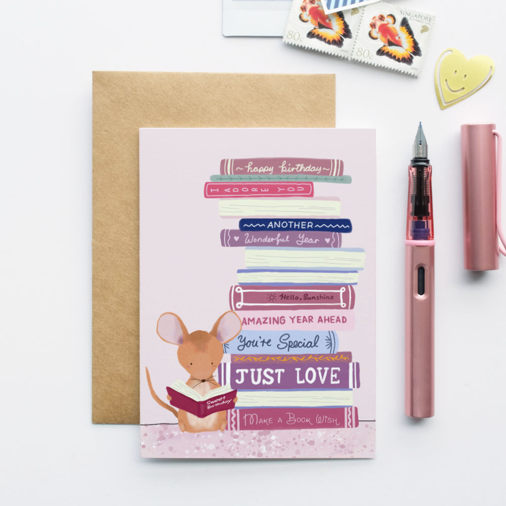 Mouse & Books Birthday Card